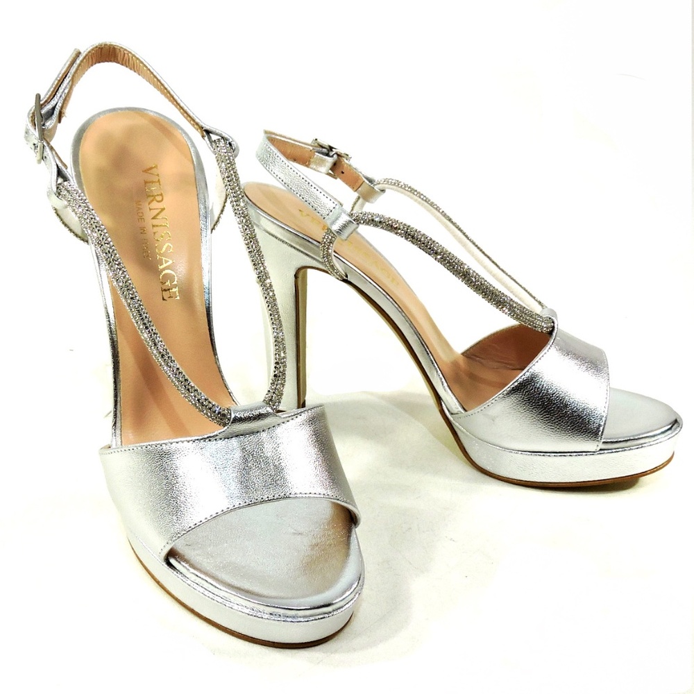 VERNISSAGE 🇮🇹 WOMEN'S SILVER LEATHER FASHION HEELED SANDALS